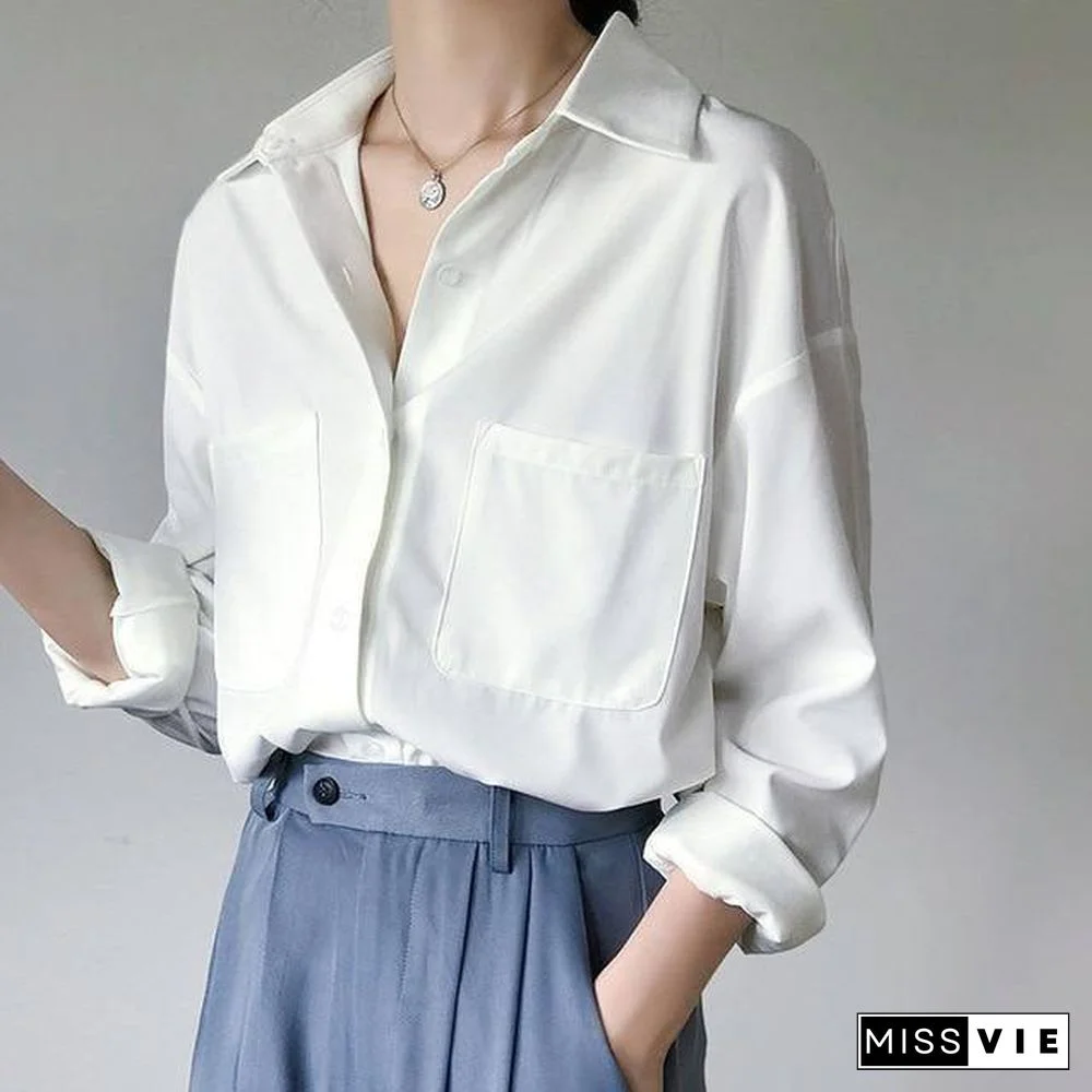 OL Style White Shirts for Women Turn-down Collar Pockets Women Blouse Tops Elegant Workwear Female Tops blusas femme Autumn