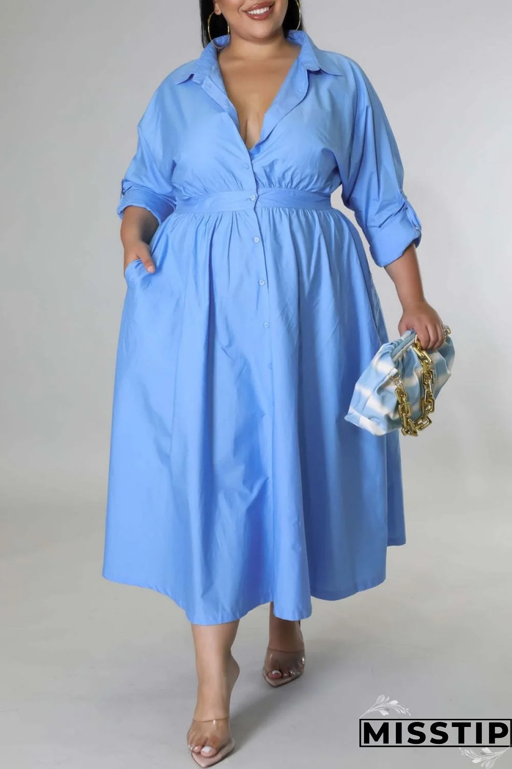 Blue Casual Solid Patchwork Turndown Collar Shirt Dress Plus Size Dresses