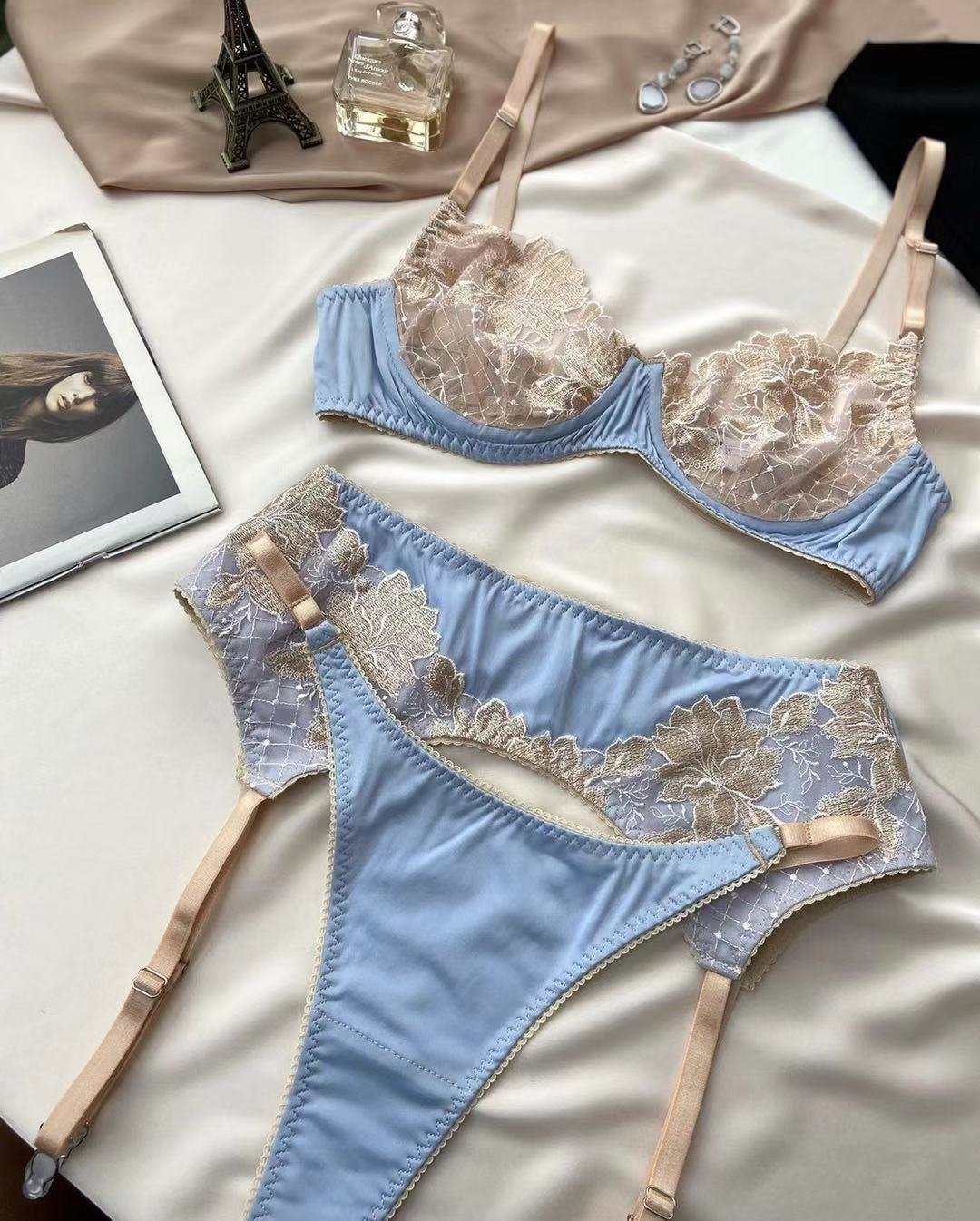 MIRABELLE Sexy Lingerie Lace Embroidery Erotic Underwear Set Push Up Bra Garters Brief Sets Seamless Panties for Women 3 Piece