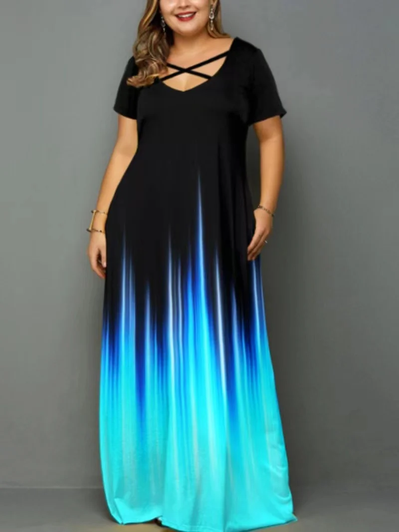 Mongw Mongw Summer Gradient Positioning Print V Neck Short Sleeve Large Size Pocket Dress Dress