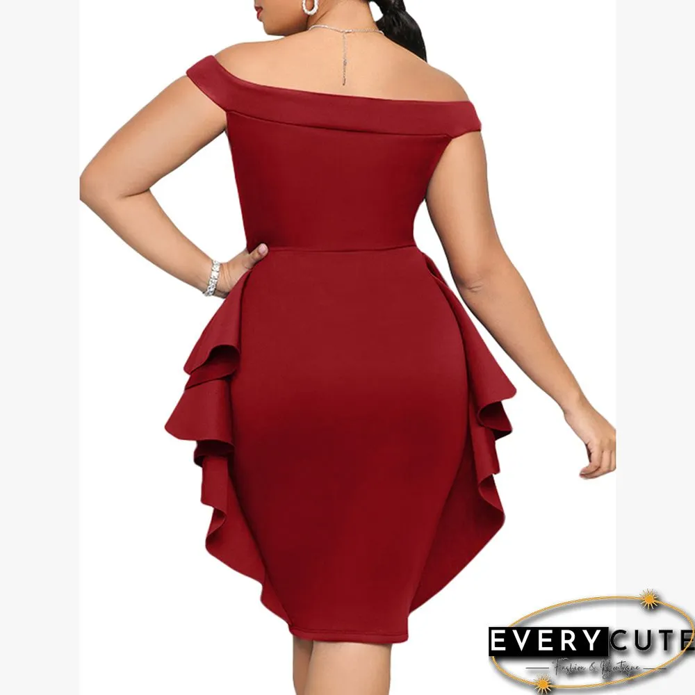 Red Off Shoulder Ruffled Pencil Dress