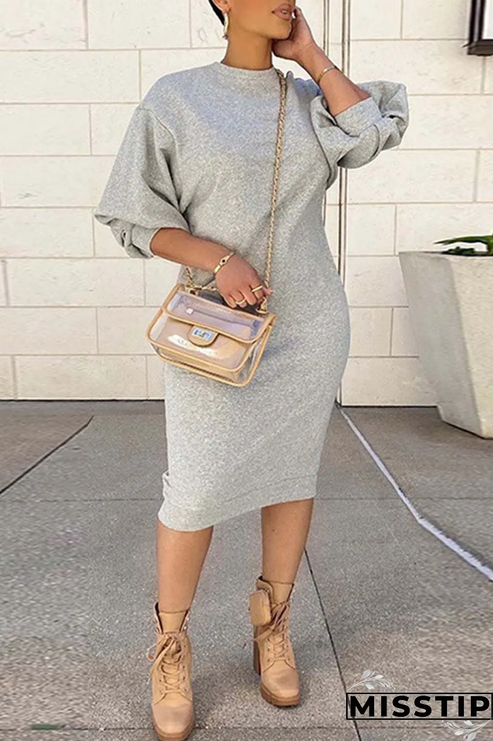 Brown Casual Solid Basic O Neck Long Sleeve Dresses