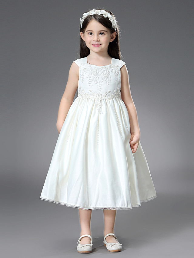 Bellasprom Princess Sleeveless Square Neck Ball Gown Ankle Length Flower Girl Dresses Satin  With Belt Beading Appliques Bellasprom
