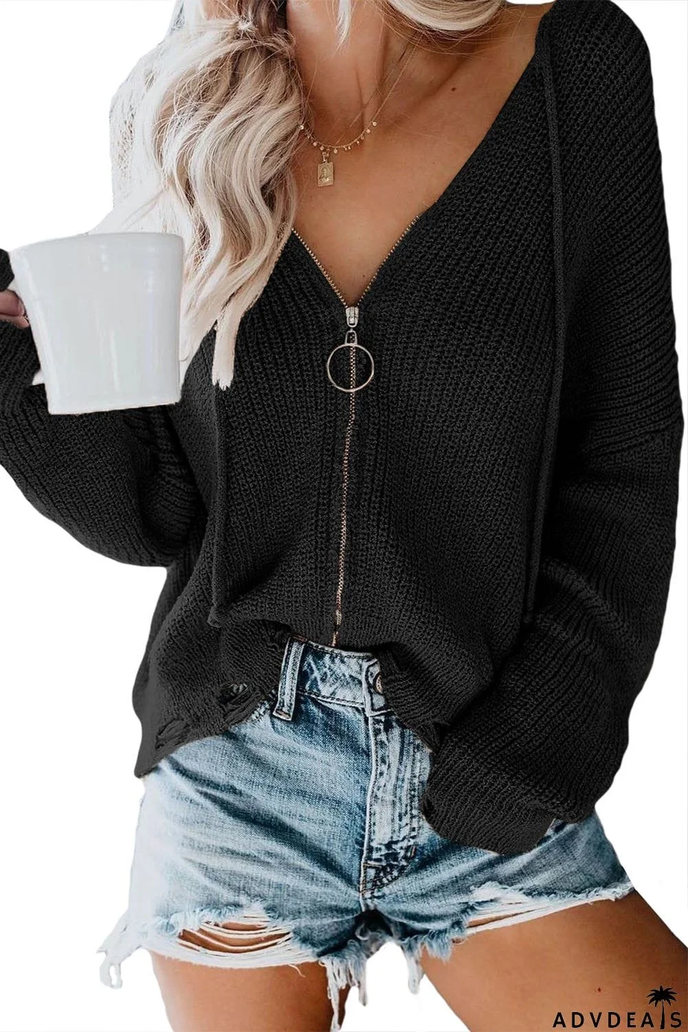 Zipper V-neck Dropped Sleeve Hooded Solid Sweater