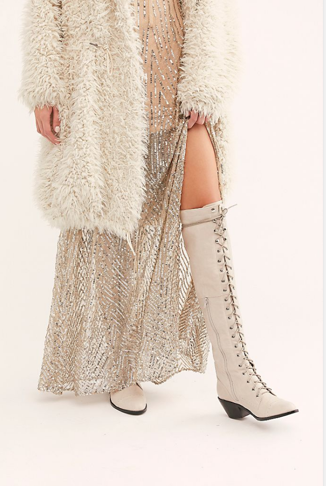 Custom Made Grey Chunky Heels Lace Up Knee High Boots |FSJ Shoes