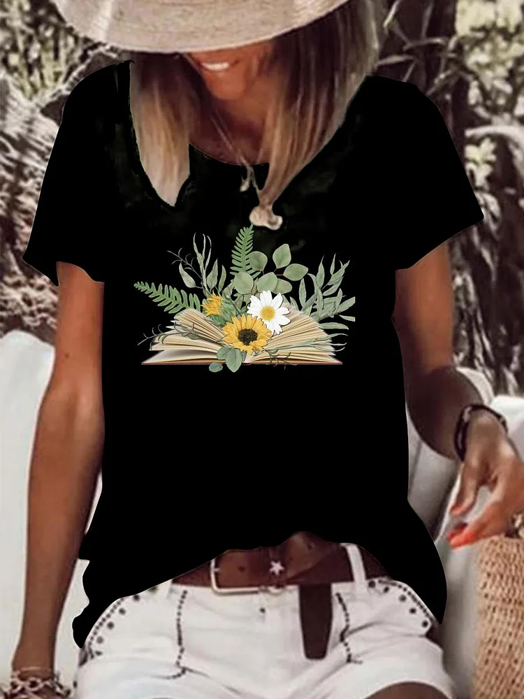 Open Book with Florals and Leaves Raw Hem Tee