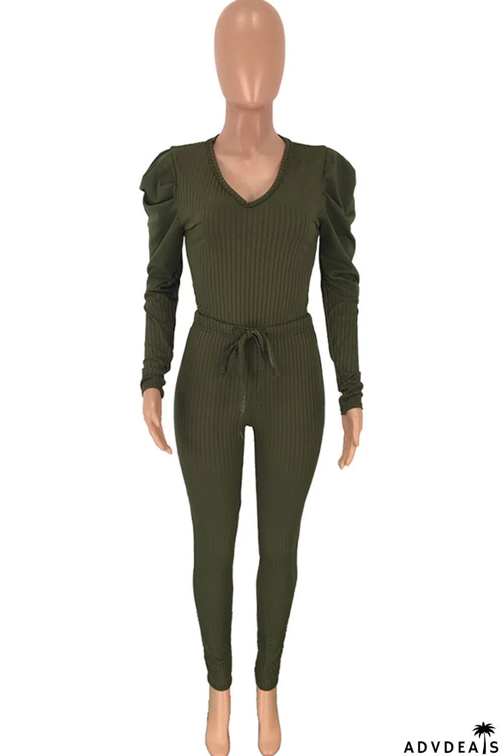 Army Green Polyester Casual Solid Patchwork Two Piece Suits pencil Long Sleeve Two-piece Pants Set