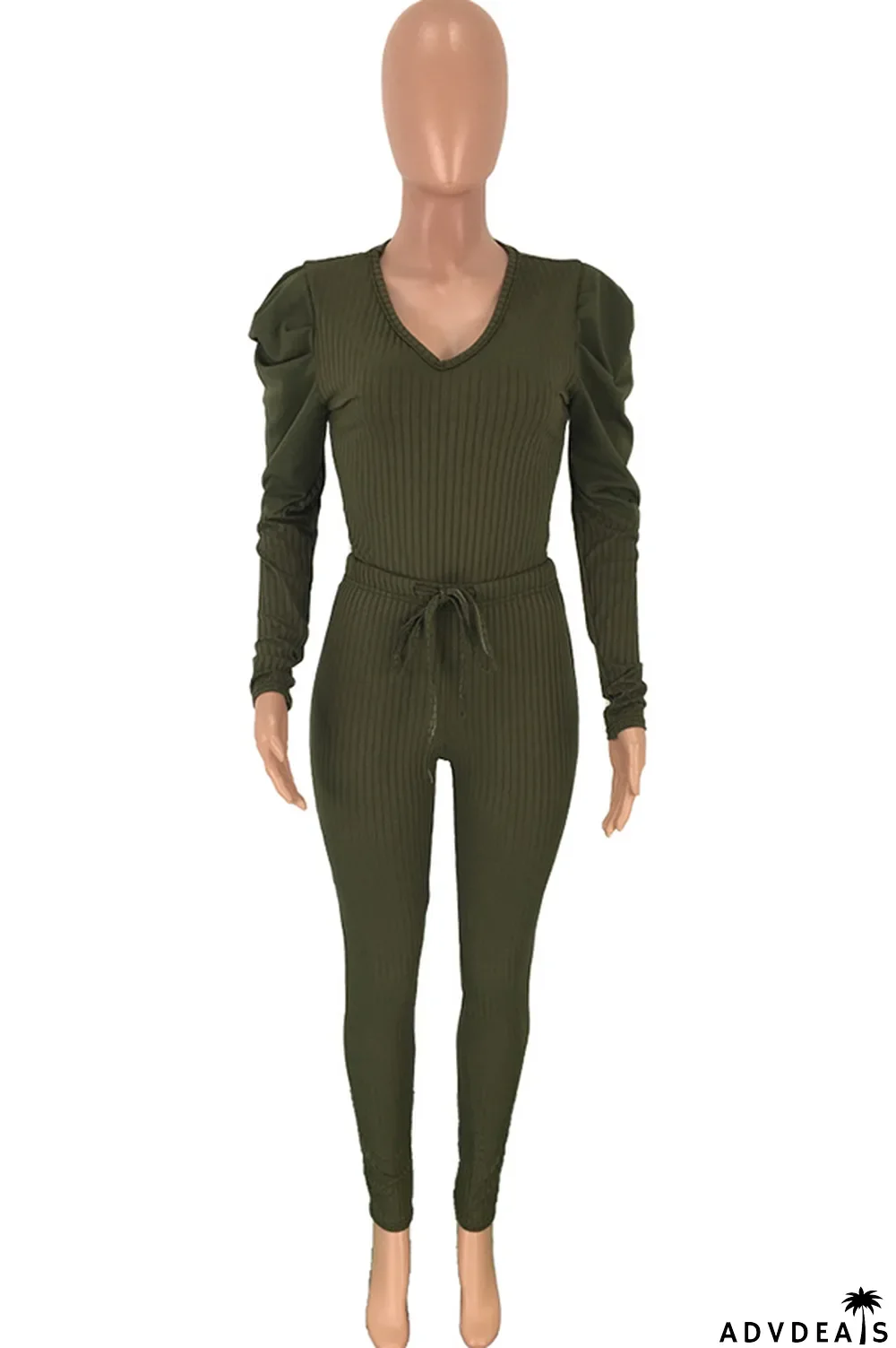 Army Green Polyester Casual Solid Patchwork Two Piece Suits pencil Long Sleeve Two-piece Pants Set