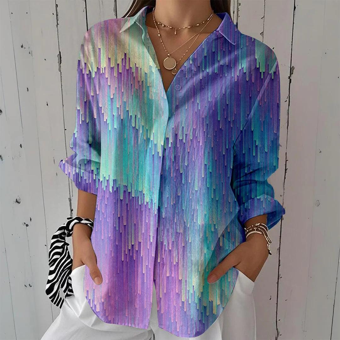 Style & Comfort for Mature Women Women Shiny, Purple DZCL0356 3/4 Sleeve Shirt Collar Printed Button Tops