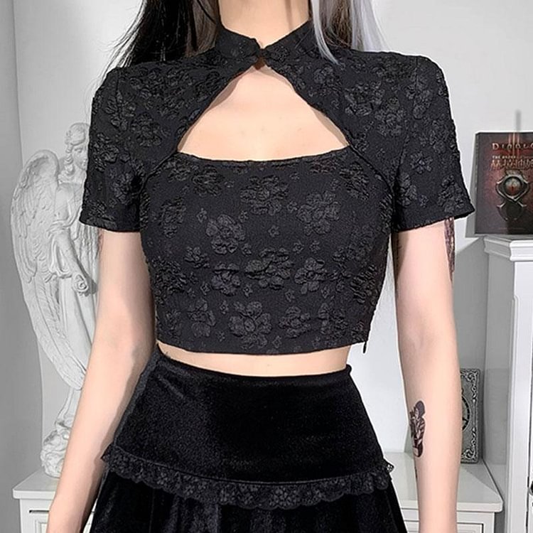 GOTH VINTAGE HOLLOW OUT PATTERNED BLACK CROP BLOUSE