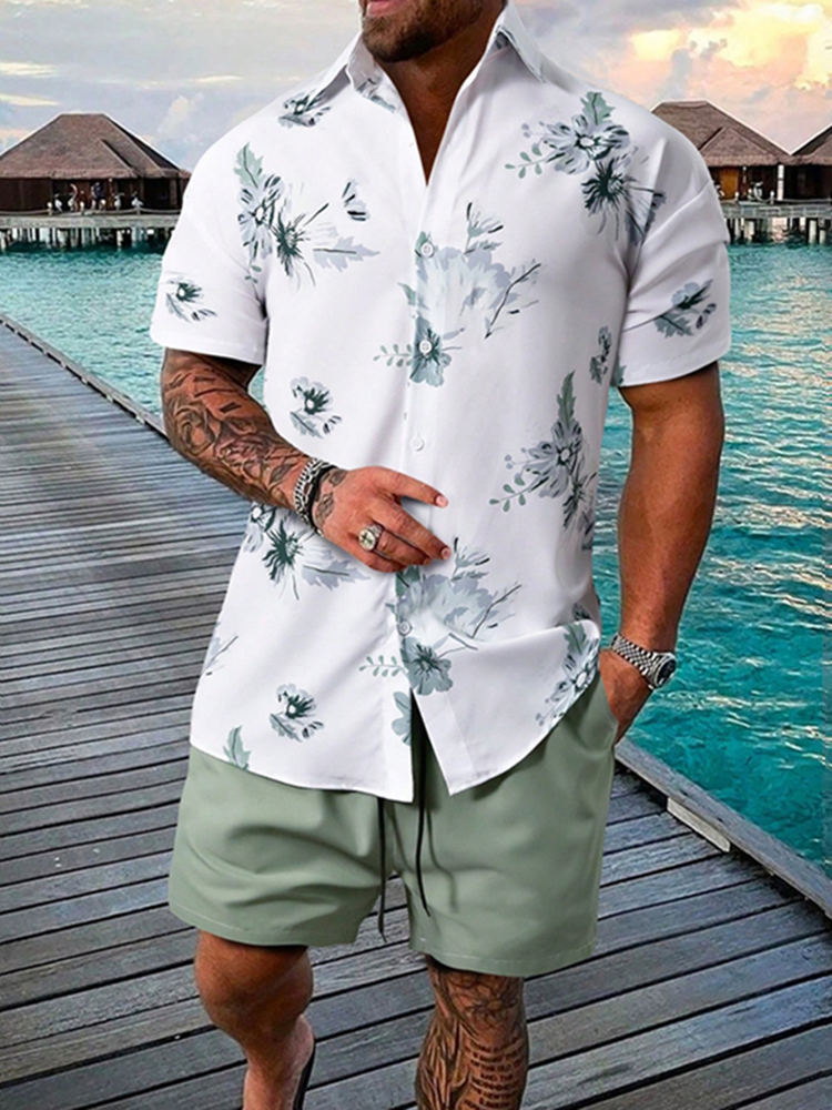 Comstylish Hawaiian Vacation Men Floral Print Short Sleeved Two Piece Set