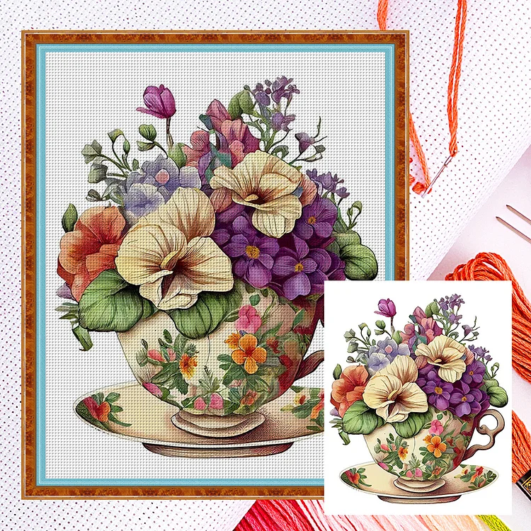 【Huacan Brand】Flowers In Tea Cup 18CT Counted Cross Stitch 20*25CM