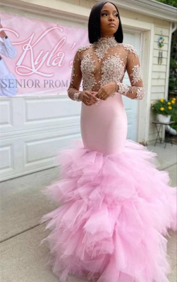Luluslly Pink High Neck Mermaid  Prom Dress With Lace Appliques
