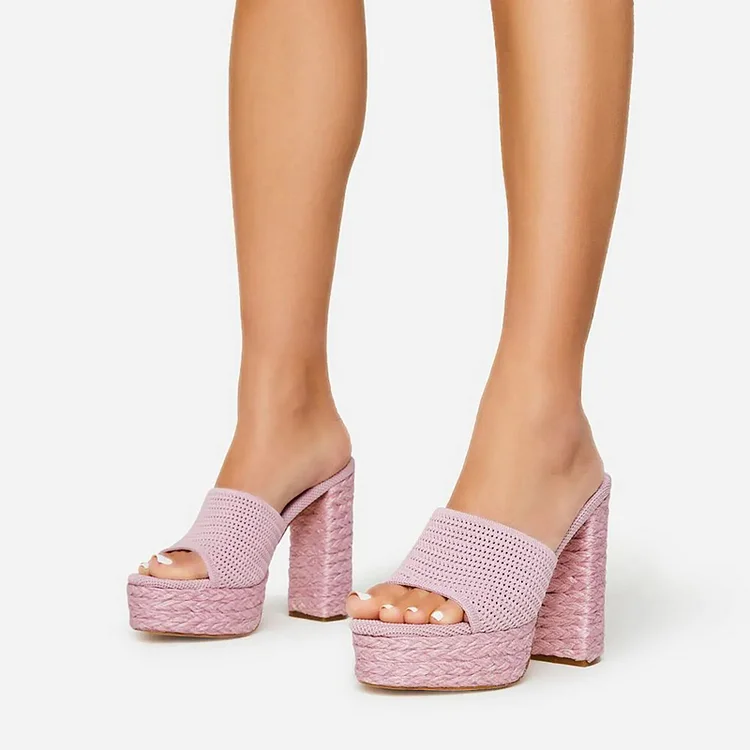 Pink Chunky Heel Shoes Women's Knitwear Mules Peep Toe Heels |FSJ Shoes