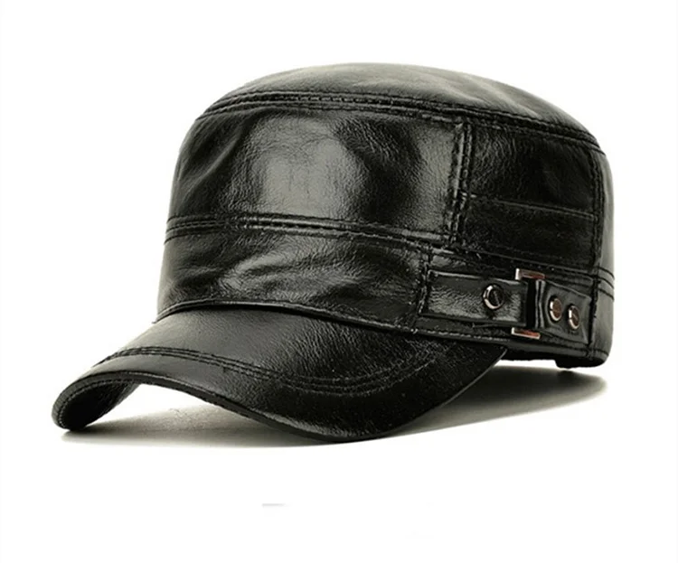 Mens Military Hats Quality Cowhide Genuine Leather Hat Men Autumn WinterThermal Adjustable Size Brands Baseball Caps
