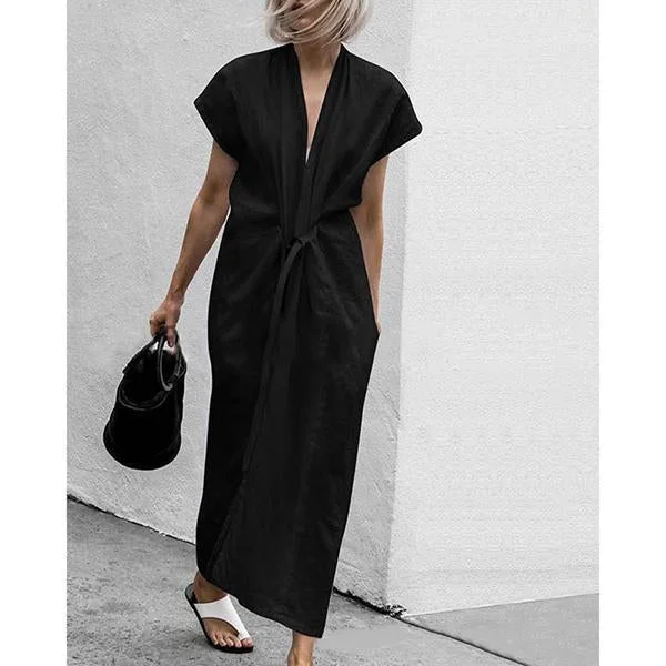 Solid V-Neck Split with Belt Plus Size Dress White Dresses