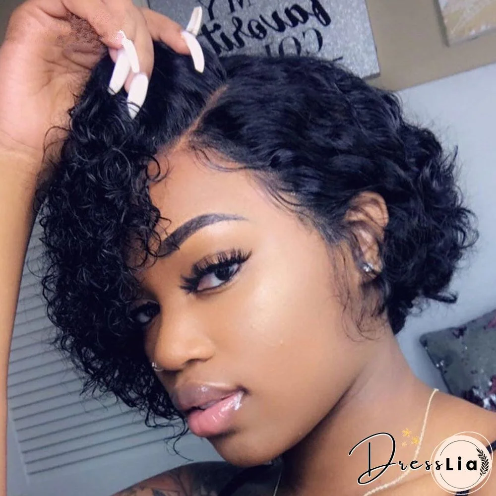 Female Short Curly Hair Medium Split Wig Small Curly Head Black