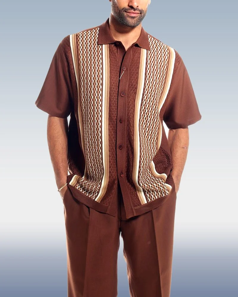 suitmens-Brown Criss Cross Pattern Walking Suit Short Sleeve Set