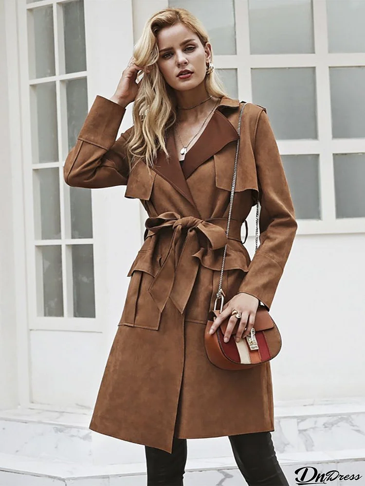 Suede Trench Coat Casual Leather Long Coat