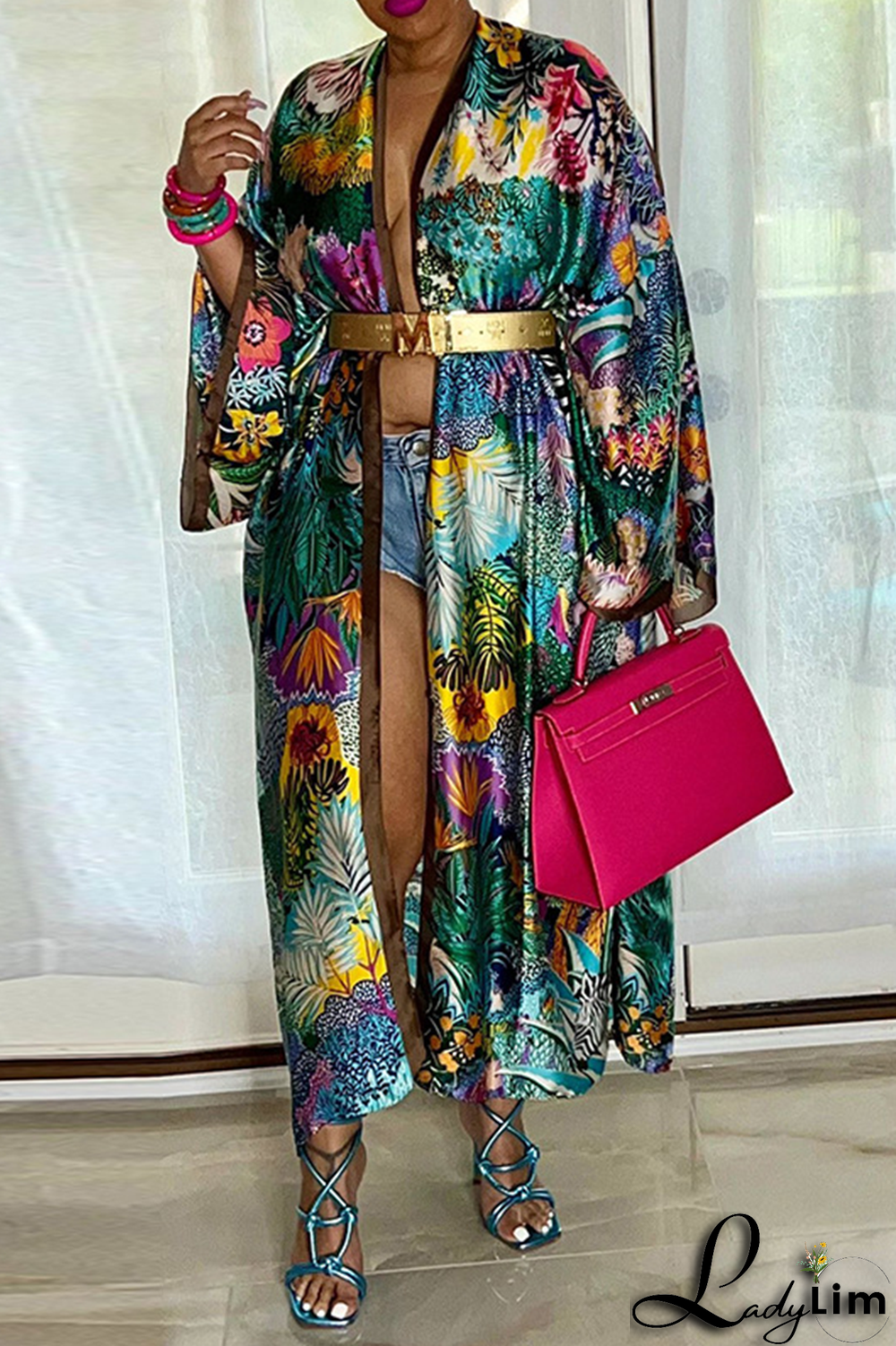 Black Fashion Print Patchwork Cardigan Collar Outerwear(Without belt)