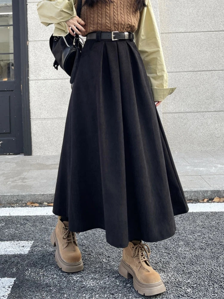Aiertu Mid Long Skirts Womens Corduroy Skirt Autumn Winter Korean Vintage High Waist Ruffle Pleated Skirts With Belt aiertu