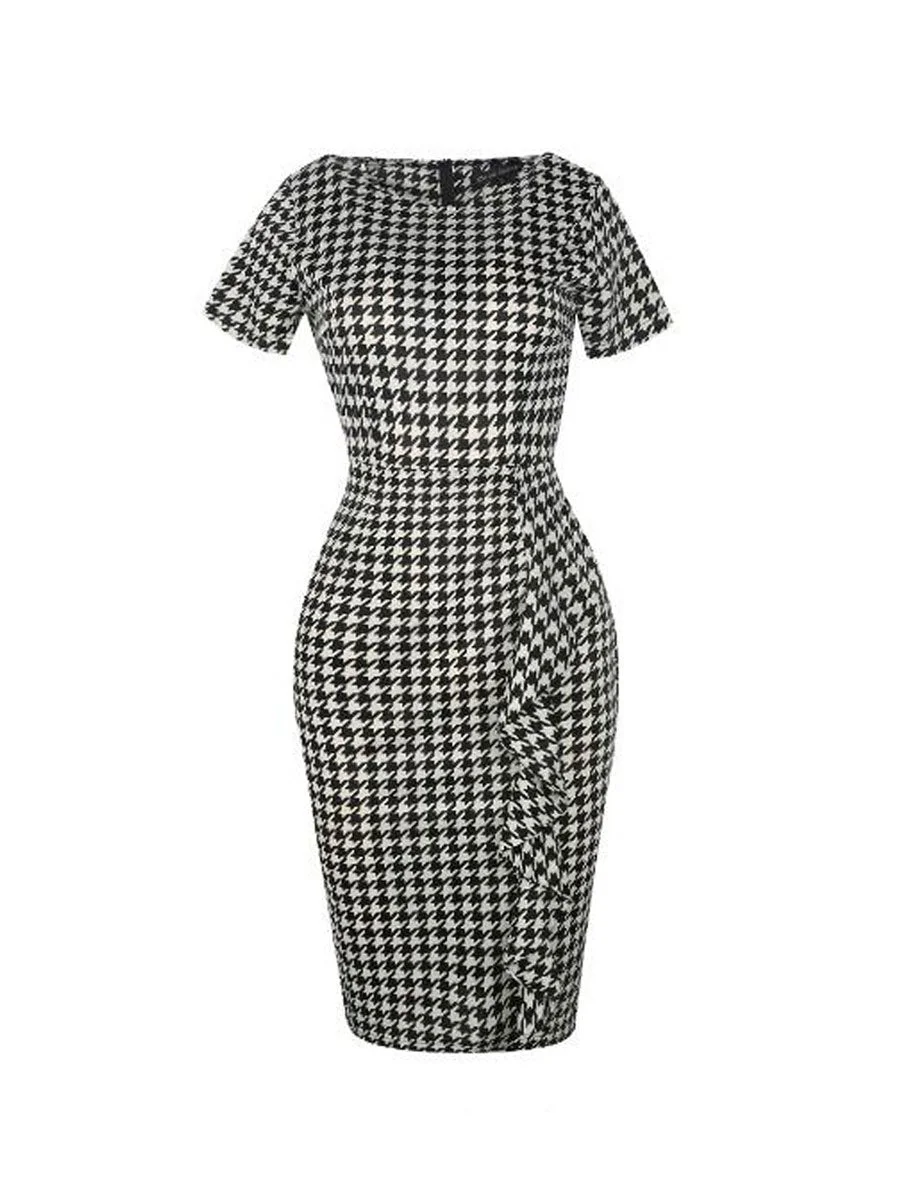 1960s Dress Plaid Print Ruffle Hem Short Sleeve Bodycon Dress