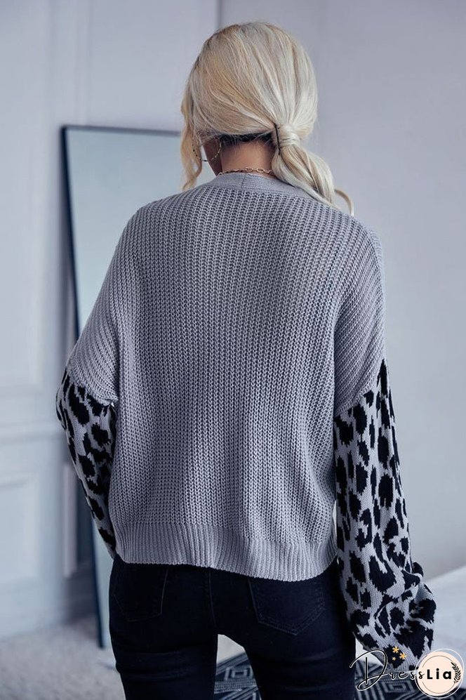 Leopard Sleeve Splicing Open Front V Neck Button Cardigan