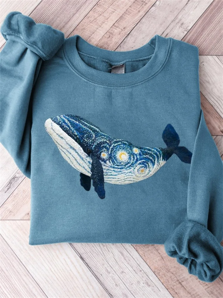 Casual Starry Night Whale Art Printed Comfy Sweatshirt