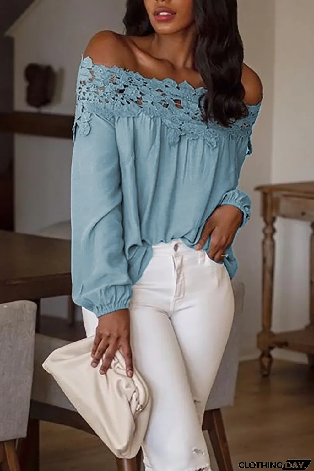 Sky Blue Blooming Lace Off The Shoulder Top