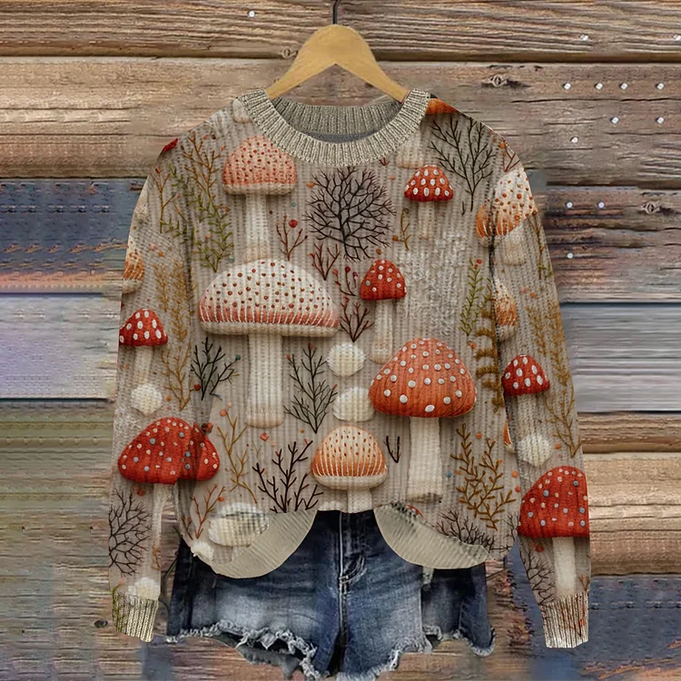 VChics Mushroom Art Round Neck Casual Comfy Sweater
