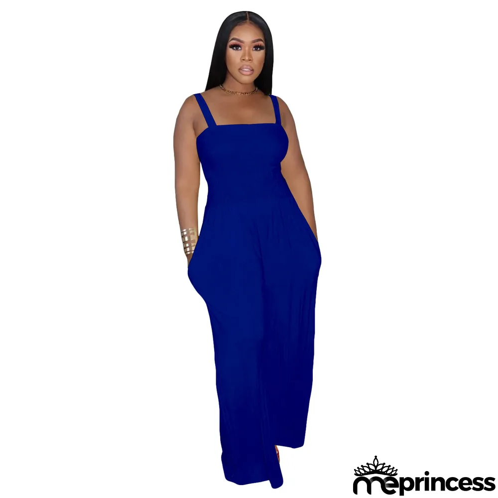 Women'S Solid Casual Strap Sleeveless Wide Leg Jumpsuit