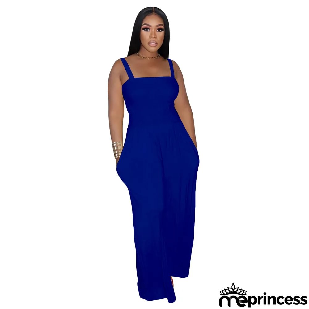 Women'S Solid Casual Strap Sleeveless Wide Leg Jumpsuit