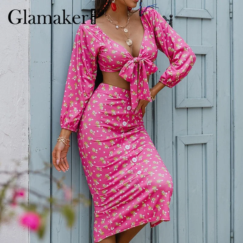 Glamaker 2 piece suit women Sexy women crop top with tie a knot and midi skirts Office ladies Floral printed fashion sets new