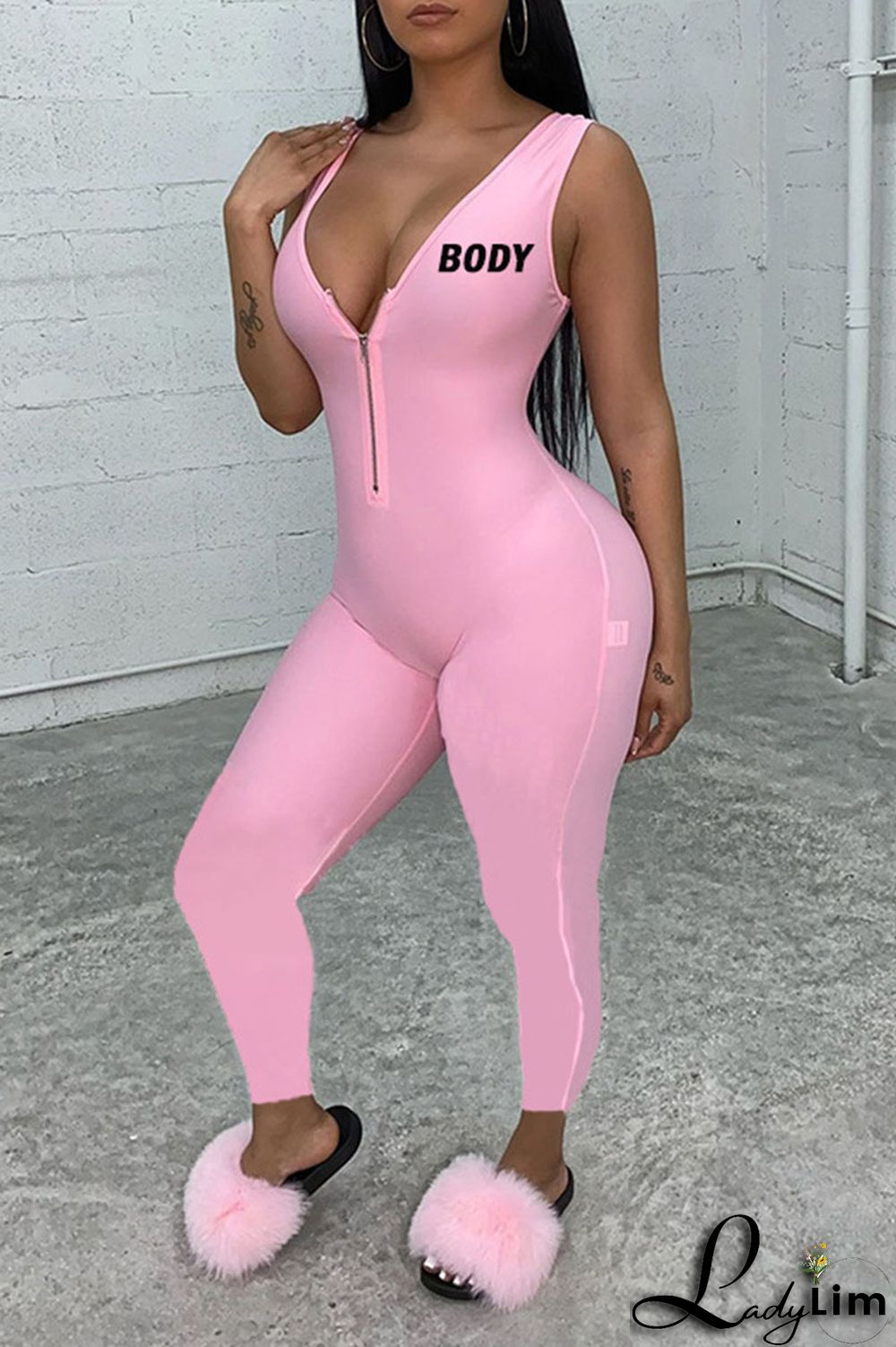 Black Sexy Print Split Joint Zipper V Neck Regular Jumpsuits