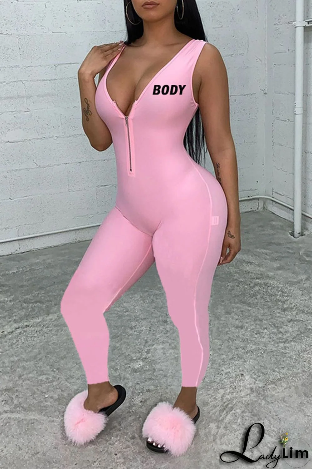 Black Sexy Print Split Joint Zipper V Neck Regular Jumpsuits