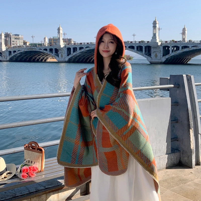Ethnic Style Hooded Shawl Cloak Lijiang Xinjiang Tibet Northwest Tourism Wear Photograph Warm Outer Cape