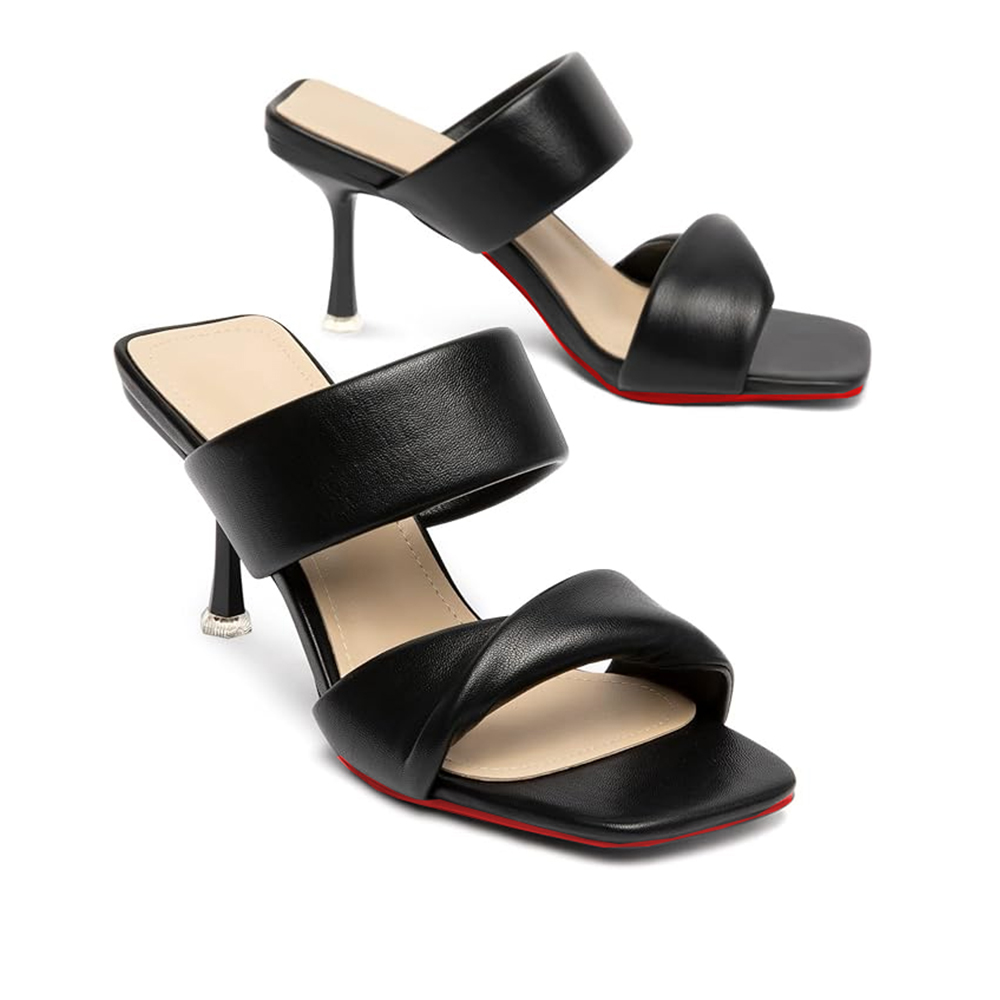75mm Women's Red Bottom Two Straps Kitten Heeled Slide Sandals Square High Heels Open Toe Shoes -MERUMOTE