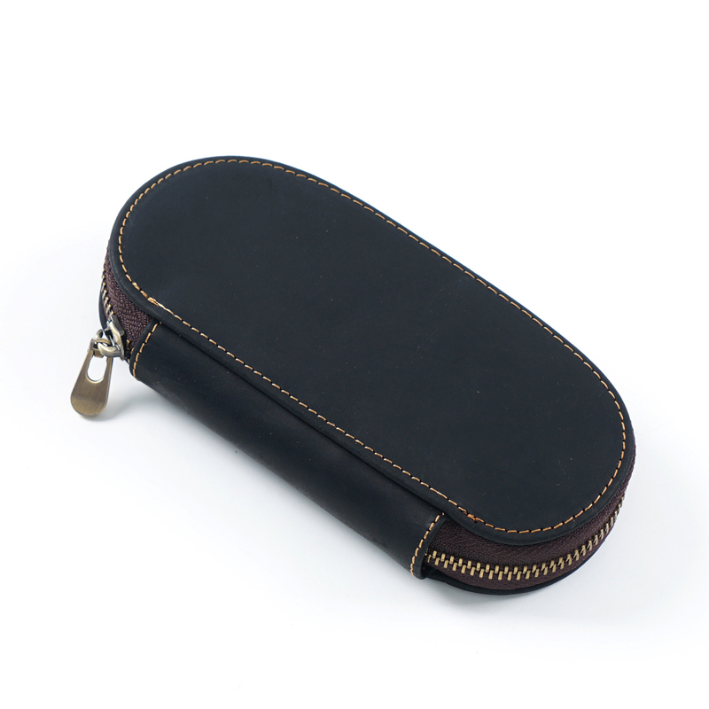 Fromthenon Vintage Crazy Horse Multifunction Pen Case Oval Zipper Portable Pen Case School Office Stationery Supplies
