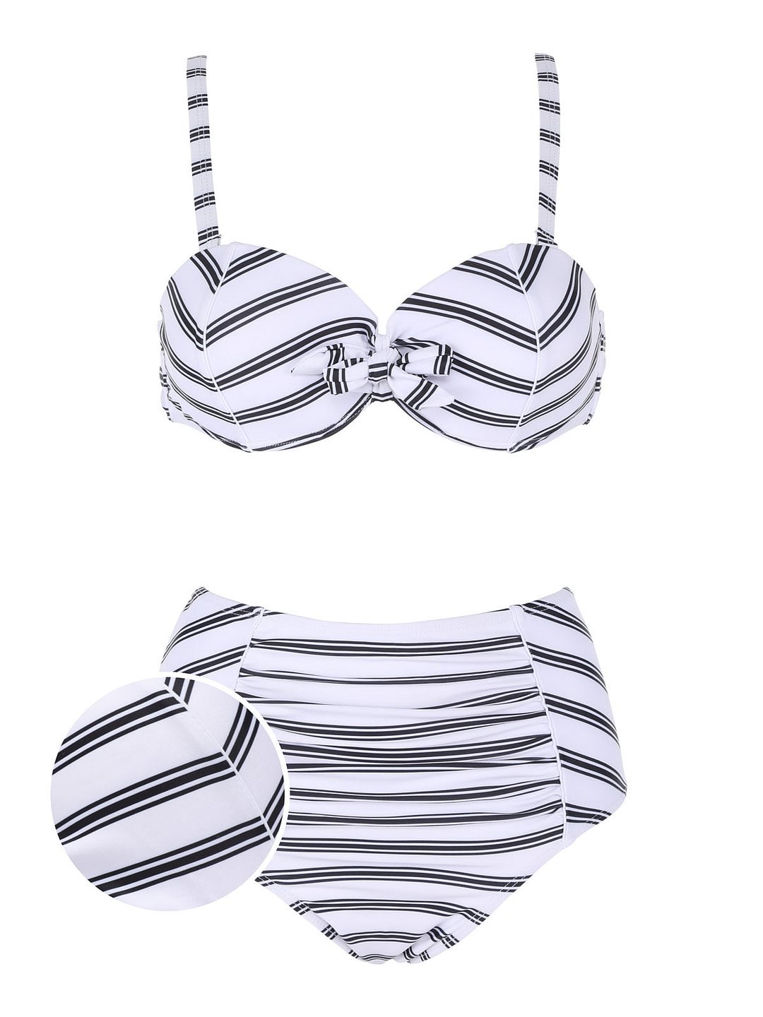 [Plus Size] Striped Bow-knot Pleated Retro Strap Swimsuit