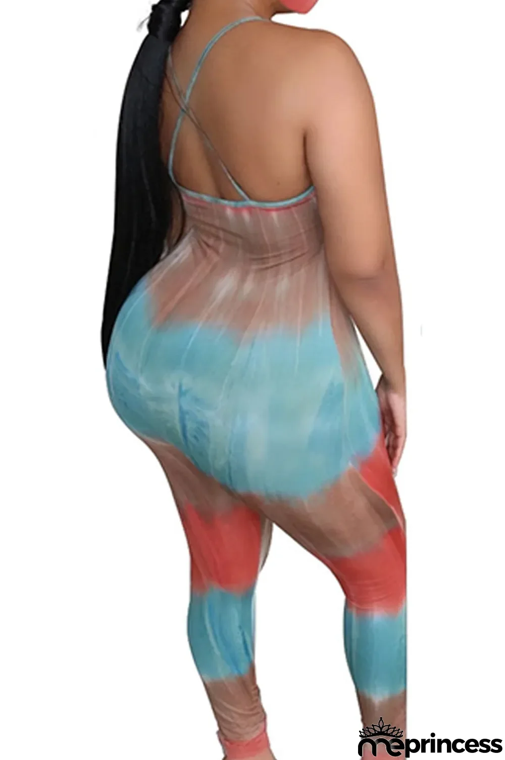 Blue Fashion Sexy Tie-dyed Sleeveless Slip Jumpsuits