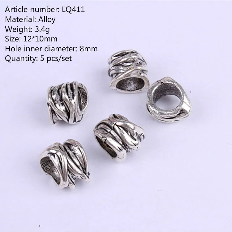 5 Pcs/set Alloy Silver Hair Braid Dreadlock Copper Large Hole Beads Wig Jewelry Reggae Braid Decoration Hair Ring