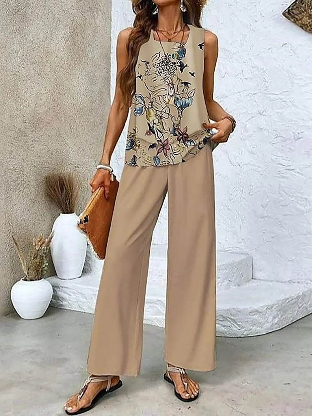 Women's Sleeveless Square Collar Floral Printed Casual Set