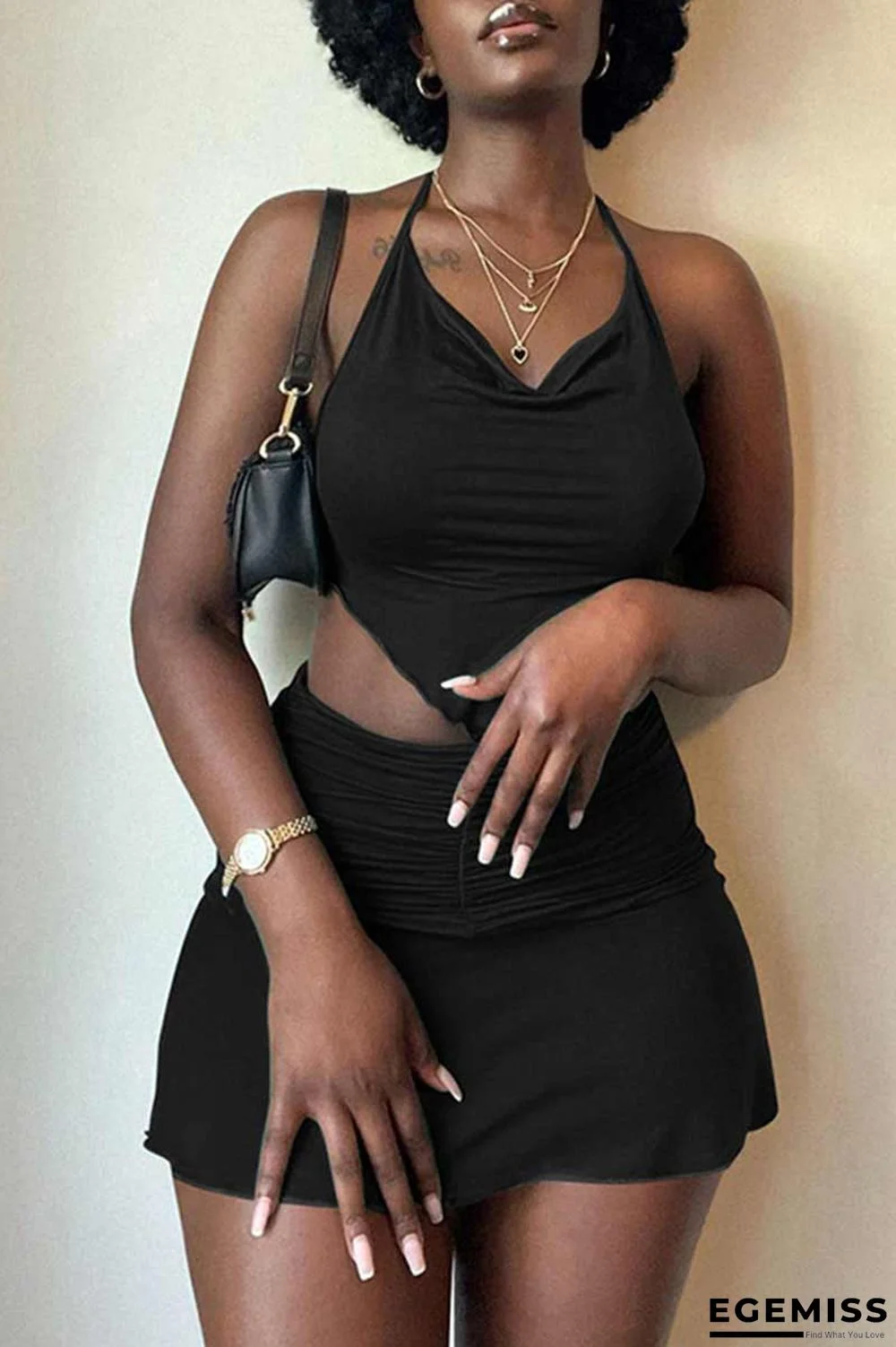 Black Sexy Solid Patchwork Asymmetrical Halter Sleeveless Two Pieces | EGEMISS