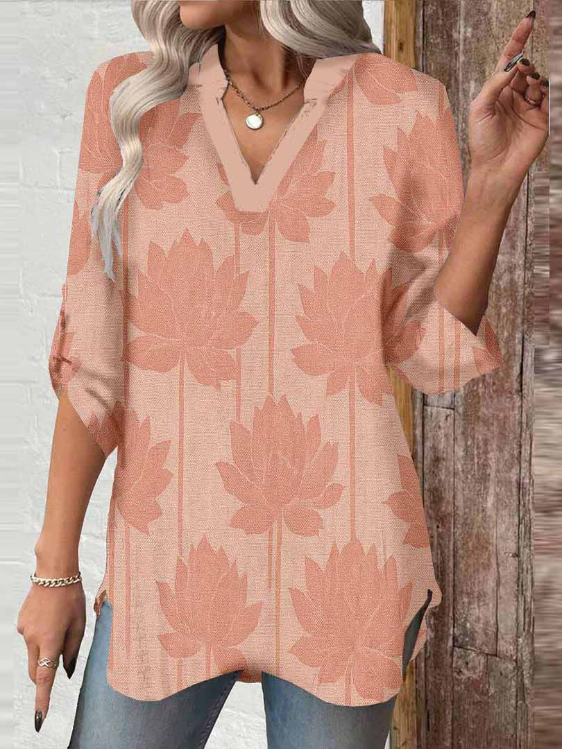 Women Leaves, Pink DZGA0386 3/4 Sleeve V-neck Printed Graphic Button Tops
