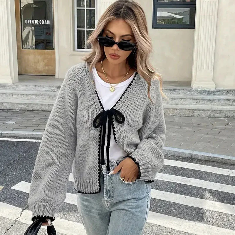 Athvotar Athvotar And Winter Sweater Women's New Knitted Shirt Loose Long-Sleeved Bow Tied With Cardigan Coat Top Woman
