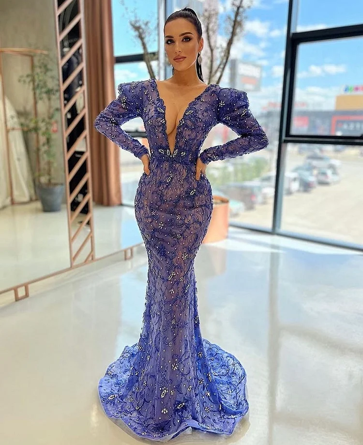Hellodresses Chic Deep V Neck Long Sleeves Mermaid Long Prom Dress With Beadings