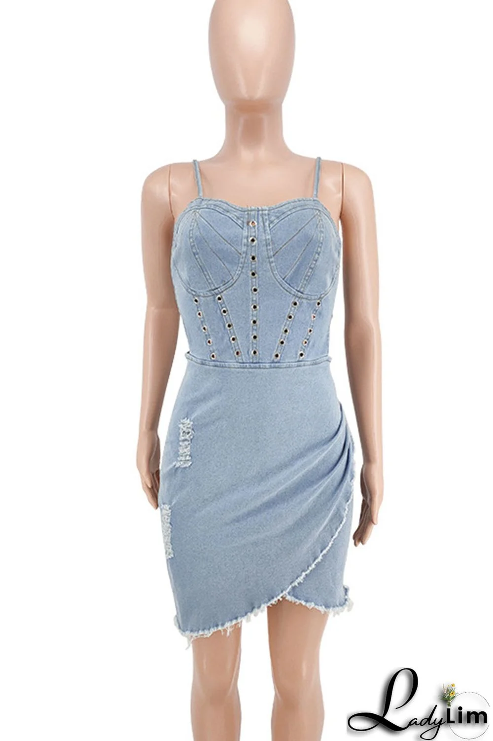 Light Blue Sexy Solid Rivets Patchwork Asymmetrical Spaghetti Strap Sleeveless Regular Denim Dresses