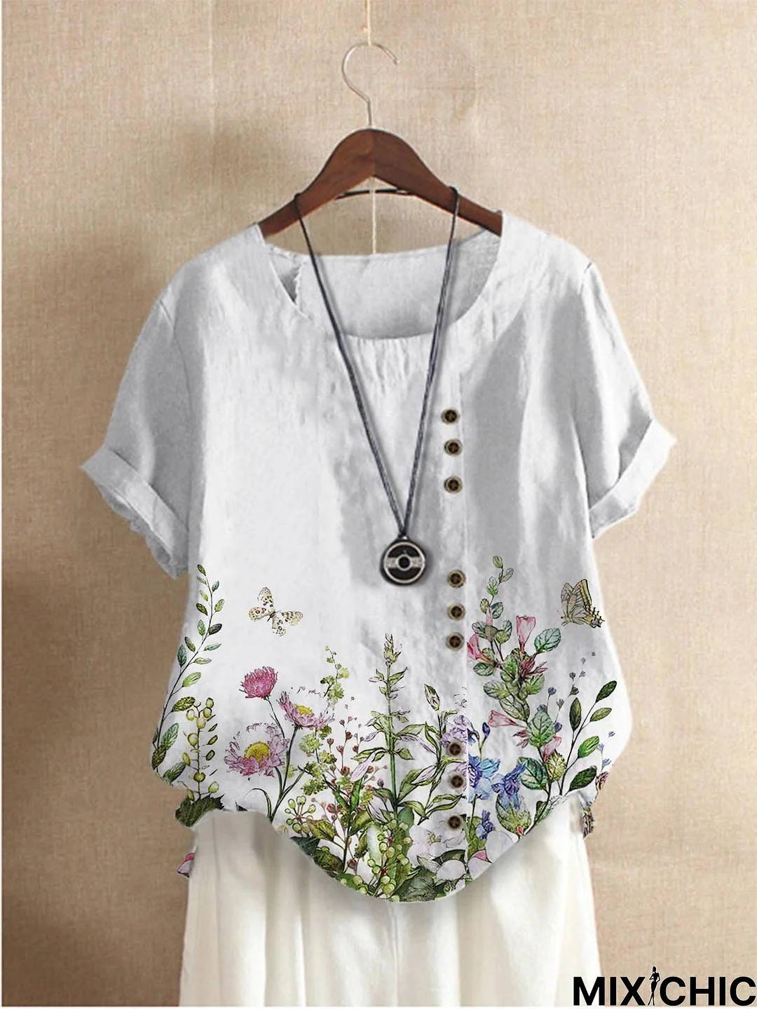 Casual Short Sleeve Crew Neck Floral Tops