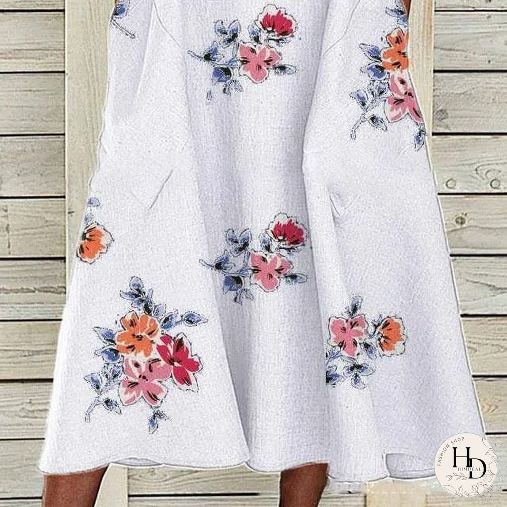 Round Neck White Pocket Dress