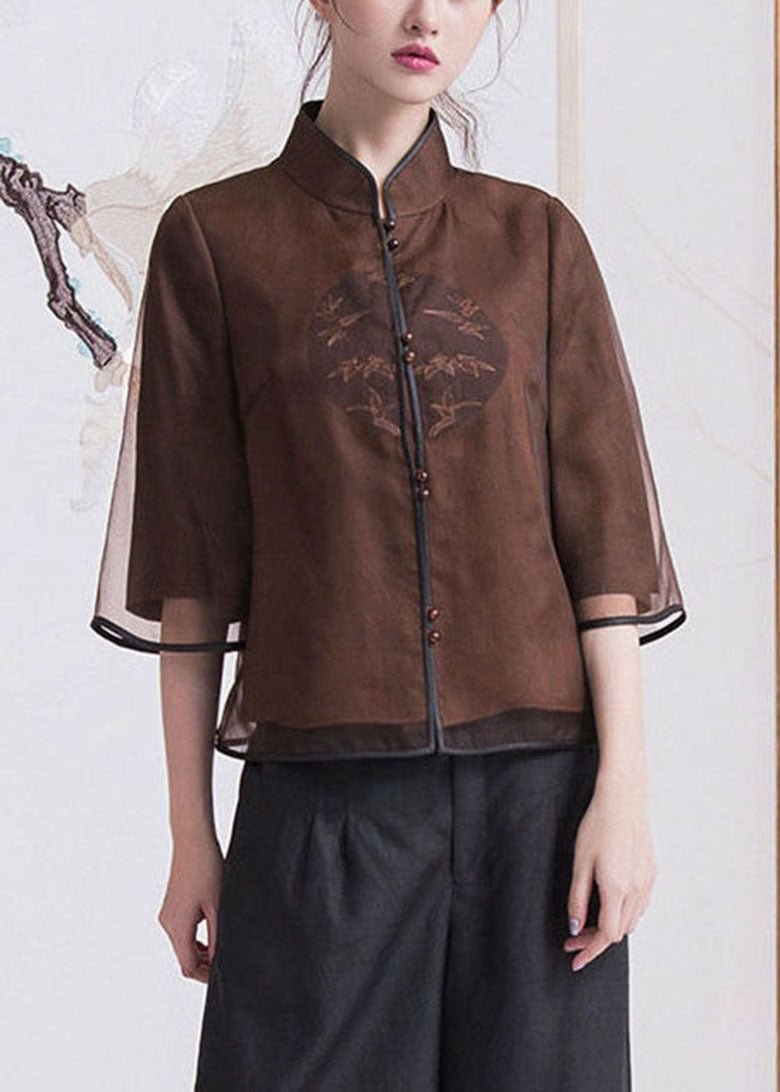 Chinese Style Brown button Stand Collar Silk coats Half Sleeve CK963- Fabulory